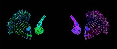 Tabancalı serseri kafatası simgeleri yarım ton neon rengi arkaplan