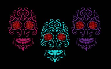 Moda tasarımı için kafatası vektör arka planı, desenler, dövmeler, ölüm günü. Neon rengi hipnotik gözler 