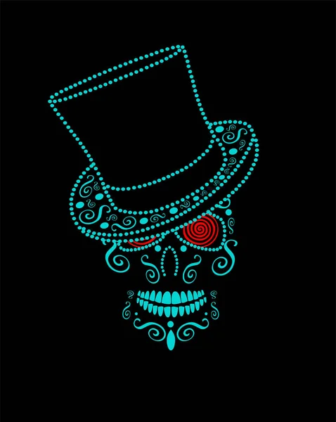 万圣节骷髅绿与圆筒帽和红色催眠眼 墨西哥 死亡病媒背景日 — 图库矢量图片