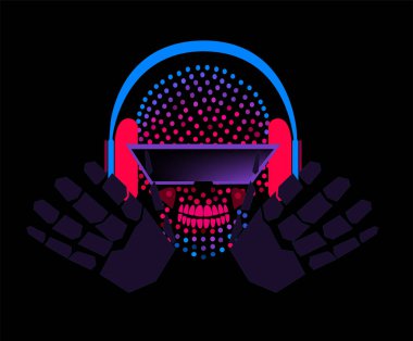Kafatası simgeleri kulaklıkları ve elleri olan robot DJ, yarım ton neon rengi arka plan