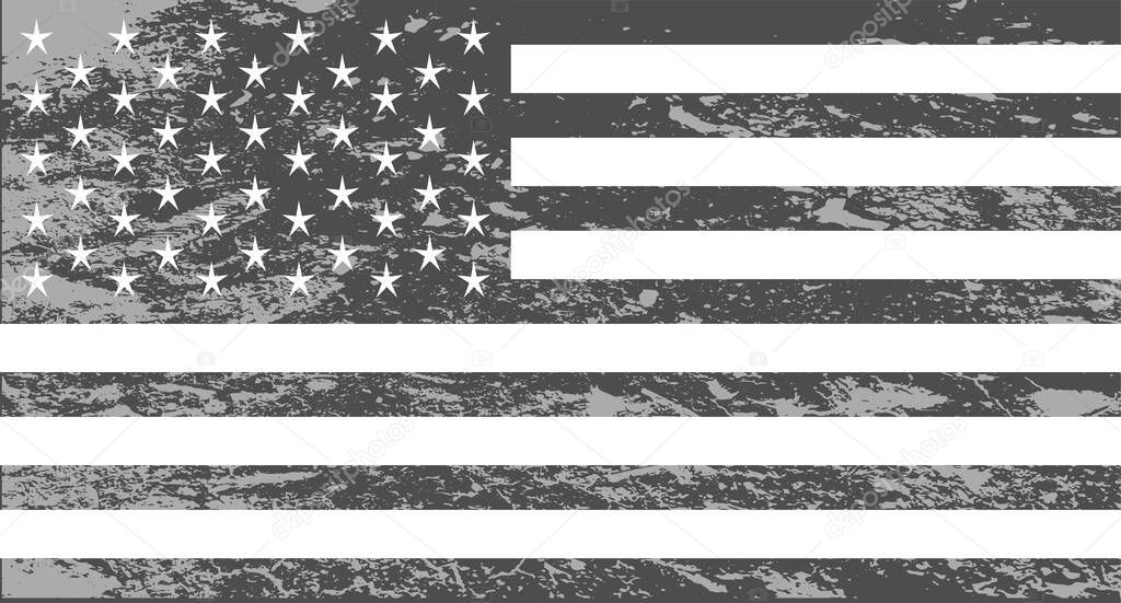 American flag, USA, black and white grunge background. 