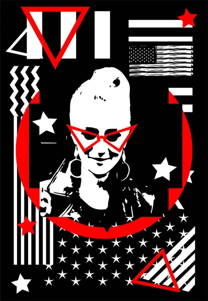 Punk Rock Dívka Silueta Červenými Slunečními Brýlemi Americké Usa Vlajka — Stockový vektor