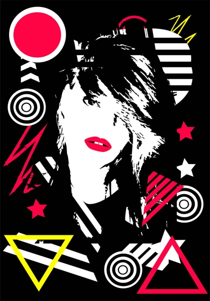 Sexy Chica Con Pelo Urbano Pop Art Fondo Negro Rosa — Vector de stock