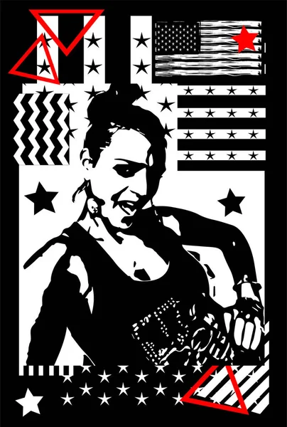Sexy Dívka Usmívá Grunge Pozadí Americká Vlajka Hvězdy Černá Bílá — Stockový vektor