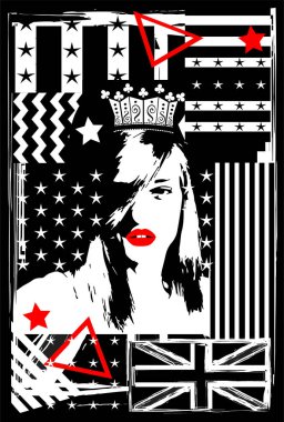 İngiltere 'nin seksi kraliçesi, zigzag ve yıldızlı İngiliz bayrağı. Grunge vektör arkaplanı.