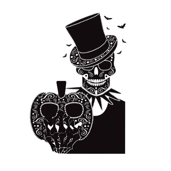 Happy Halloween Skull Icon Background Black White Cylinder Hat Bats — Stock Vector