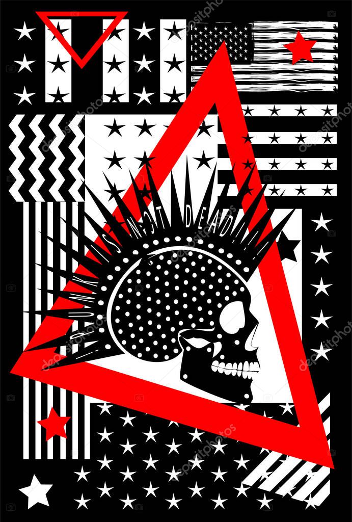 Punk skull icon side view with USA flag black and white vector background