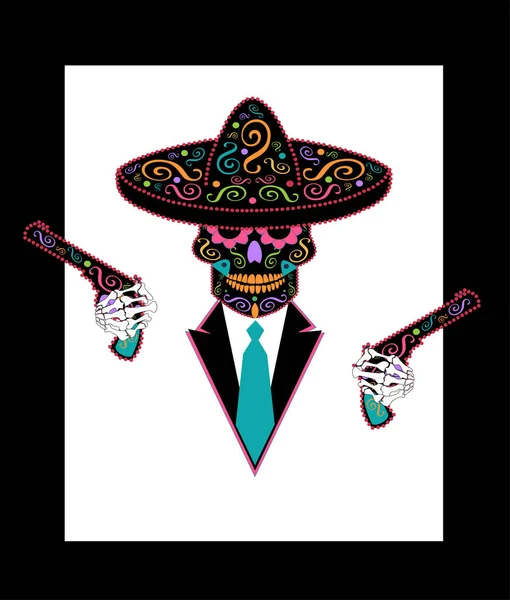 Caveira Açúcar Mexicano Com Ornamento Sombrero Smoking Pistolas Fundo Vetor — Vetor de Stock