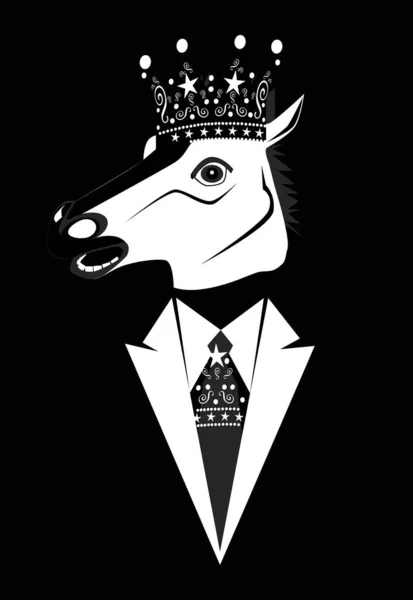 Testa Cavallo Con Corona Smoking Sfondo Cartone Animato Bianco Nero — Vettoriale Stock