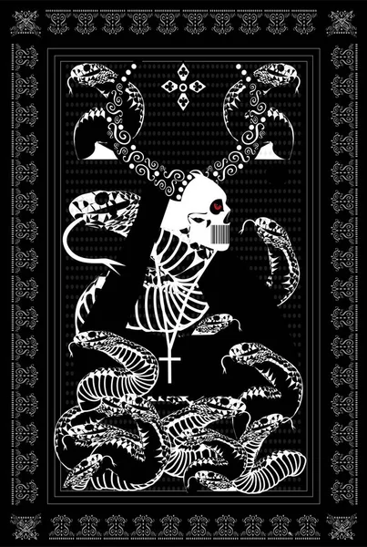 Tarot Tarjeta Cráneo Muerte Con Cuernos Serpientes Adorno Detalles — Archivo Imágenes Vectoriales