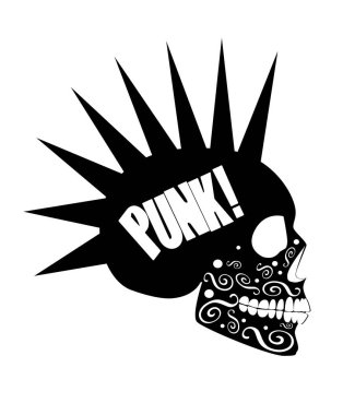 Punk metin ile kafatası simgesi vektörü, beyaz arkaplan 
