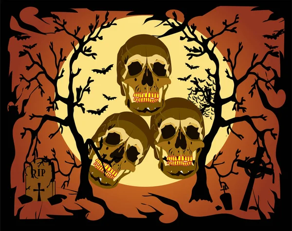 Totenkopf Ikone Einem Wald Mondschein Mit Fledermäusen Und Grab Halloween — Stockvektor