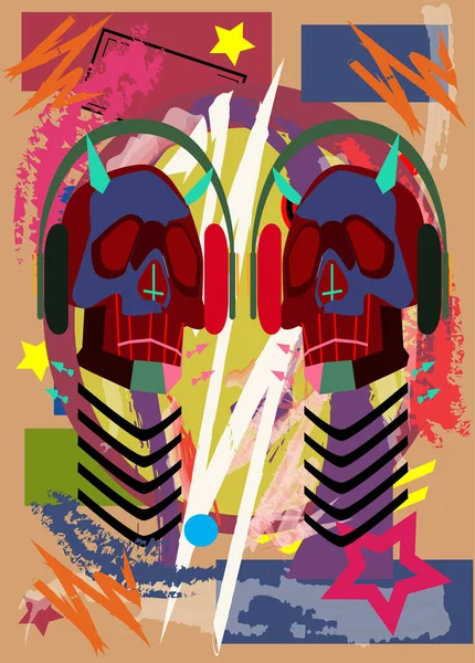 Calaveras Robot Con Auriculares Vector Fondo Graffiti — Vector de stock