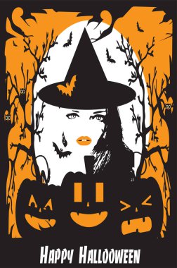 Cadılar Bayramı arka planında seksi cadı kız, balkabakları ve yarasalar ay ışığında