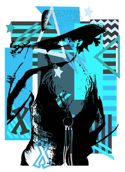 Silhouette Cowgirl Sur Fond Noir Bleu Avec Des Rayures Des — Image vectorielle