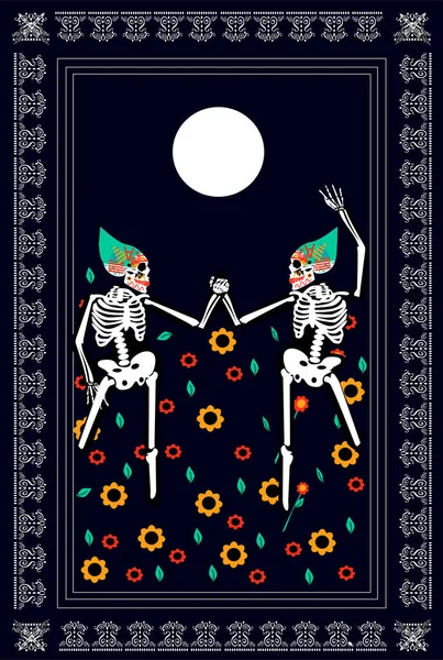 花のフィールド ハロウィーンの背景と月明かりの上で骨格を踊る — ストックベクタ