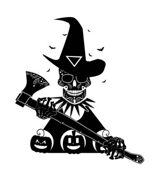 Baltalı Cadılar Bayramı Kafatası Cadısı. Siyah ve beyaz bir resimde üçgen bir sembolle süslenmiş cadı şapkası takan stilize edilmiş bir kafatası yer alıyor..