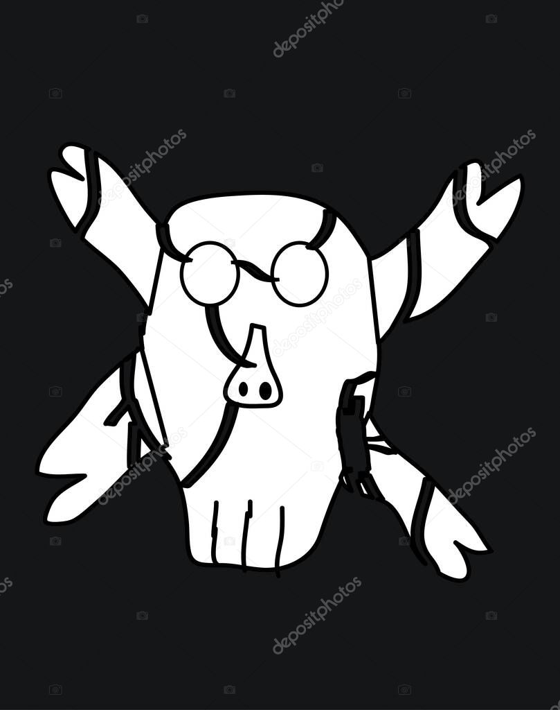Cartoon art graffiti hand draw skull, white chalk on the black board. Funny and scary characters for kids. Vector illustration