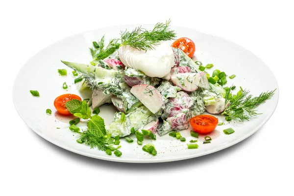 Vegetable Salad Radish Cucumber Tomato Greens Poached Egg White Background — Stock Photo, Image