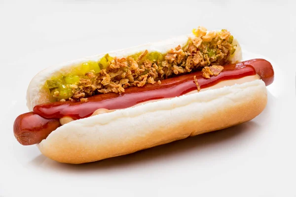 Hot Dog Danese Con Salsiccia Manzo Cipolle Fritte — Foto Stock