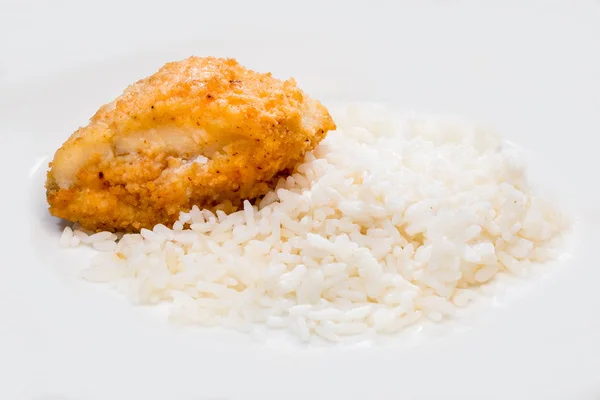 Rántott Csirke Filé Köretként Rizs — Stock Fotó