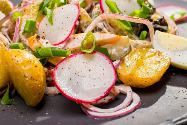 Gezonde smakelijke salade met aardappelen radijs en ei — Stockfoto