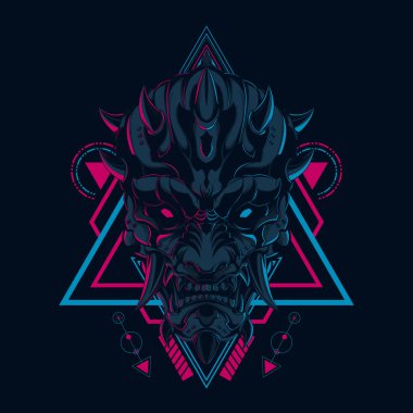 Japon şeytan maskesi illüstrasyon kutsal geometri tarzı