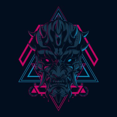 Japon şeytan maskesi illüstrasyon kutsal geometri tarzı