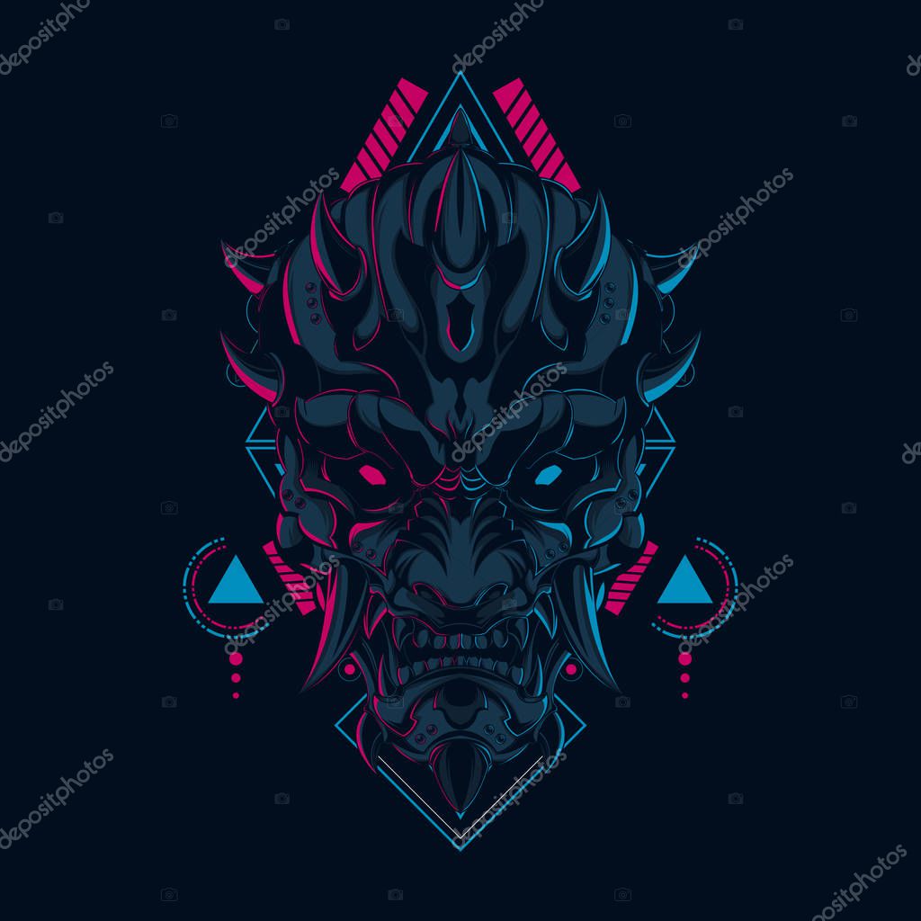 Japanese Devil mask illustration in sacred geometry style