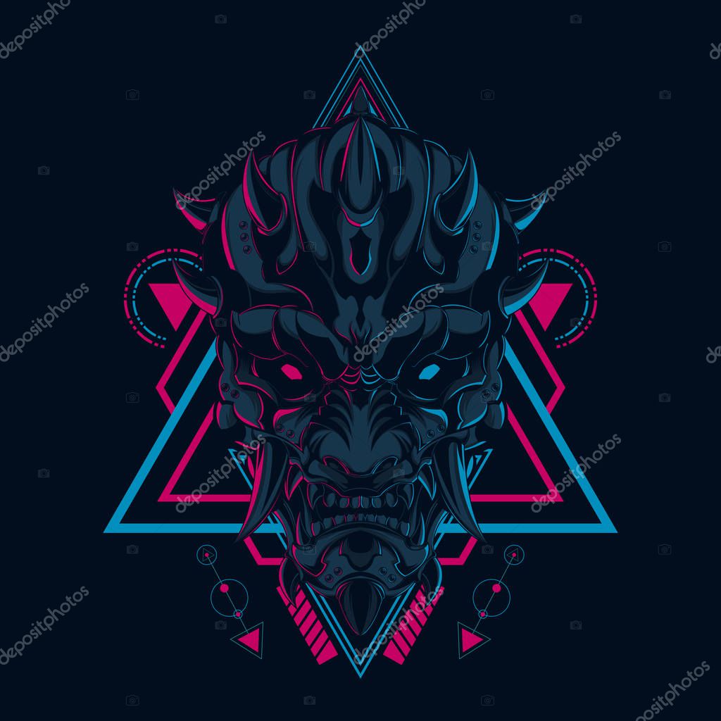 Japanese Devil mask illustration in sacred geometry style