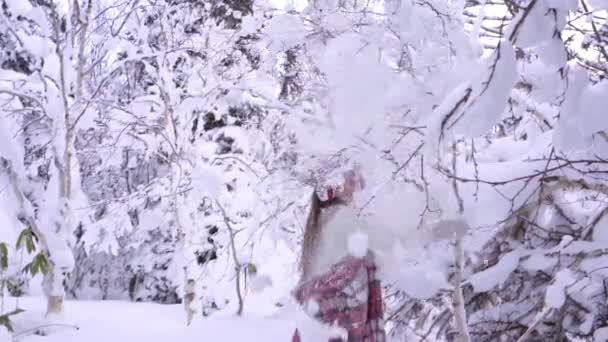 A young girl walks in the winter forest with a basket of mandarin. — Stock Video