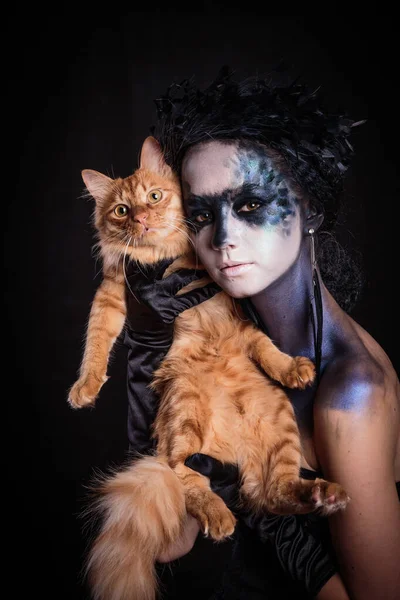 Séance photo Halloween Jour des morts sur fond noir avec un chat rouge en studio . — Photo