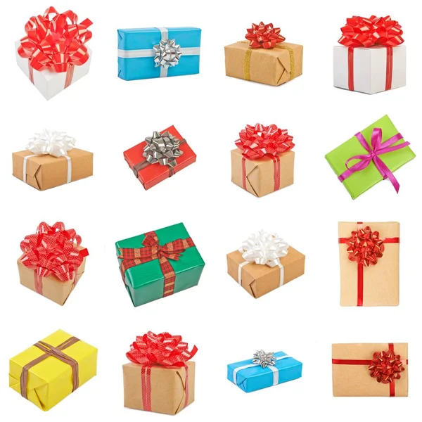 Grote Set Van Gift Box Met Lint Boog Geïsoleerd Wit — Stockfoto