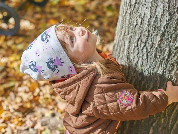 Menina olhando para uma árvore — Fotografia de Stock