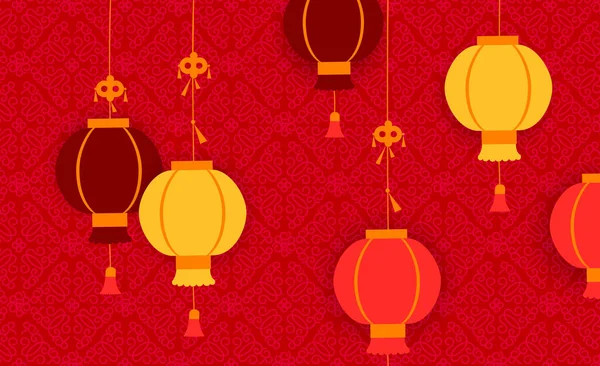Decore Fundo Ano Novo Chinês Lanternas Tradicionais Fundo Vermelho Ilustração — Vetor de Stock