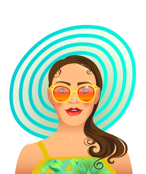 Junge Mädchenfigur Mit Strandhut Und Sonnenbrille Für Das Sommerliche Plakatdesign — Stockvektor