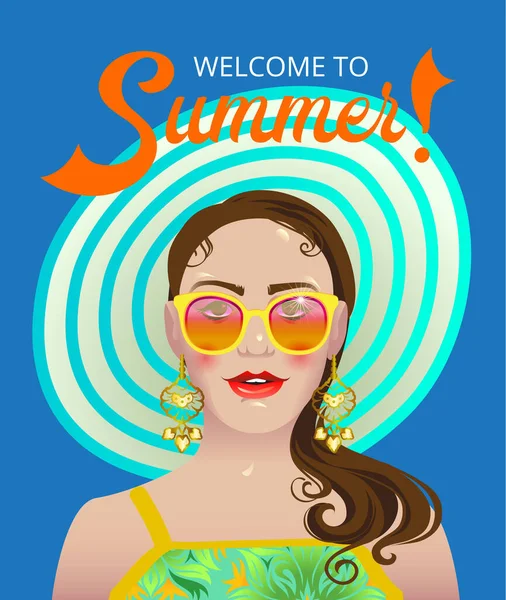 Junge Mädchenfigur Mit Strandhut Und Sonnenbrille Für Das Sommerliche Plakatdesign — Stockvektor