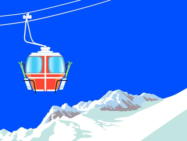 漫画スタイルのリフトキャビンと山の風景とスノーボードやスキーレクリエーションポスターデザイン ベクターイラスト — ストックベクタ