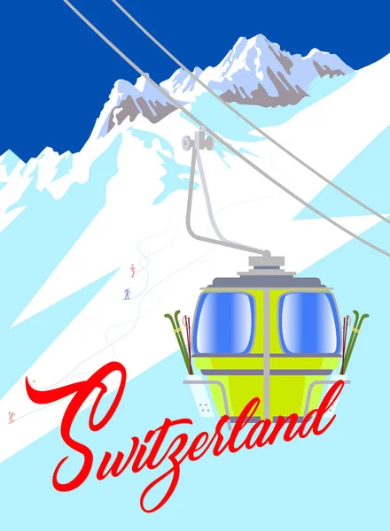 Snowboard Ski Rekreation Plakat Design Med Tegneserie Stil Lift Kabine – Stock-vektor