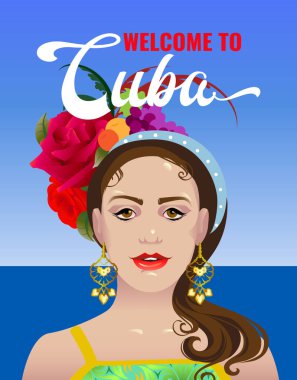 Klasik Küba dansı poster tasarımı. Karikatür tarzı saçları olan Kübalı genç bir kız. Vektör illüstrasyonu.