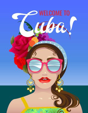 Küba tarzı bir kız, gül çiçekleri, meyveler ve tüylerle karnaval süitinde. Poster tasarımını klasik tarzda dekore et. Vektör illüstrasyonu.