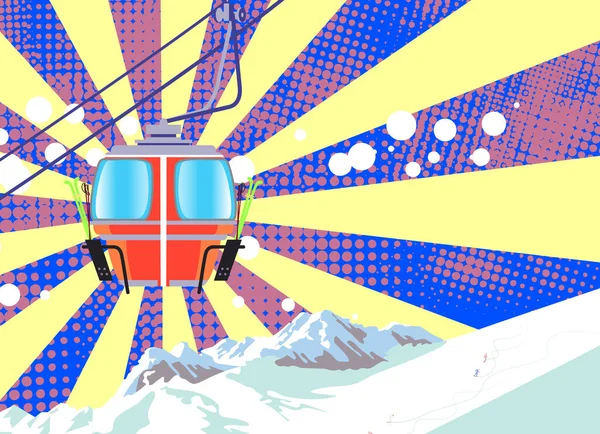 漫画スタイルのリフトキャビンと山の風景とスノーボードやスキーレクリエーションポスターデザイン ベクターイラスト — ストックベクタ