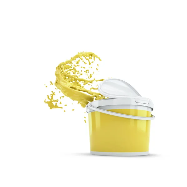 Κίτρινο χρώμα πιτσίλισμα από πλαστικό μπορώ. Πάνω από λευκό — Φωτογραφία Αρχείου