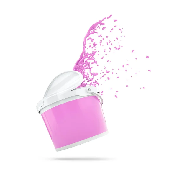 Pink Paint Splashing Out Of Plastic Can. Over White — Stock Photo, Image