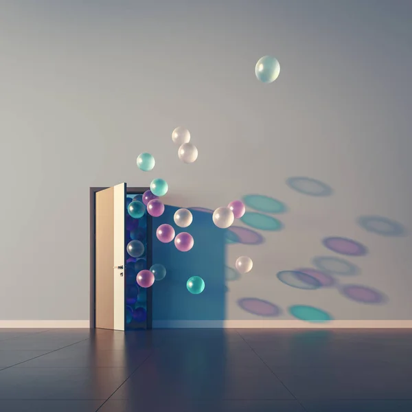 Ballonger flyga iväg genom öppna dörren — Stockfoto