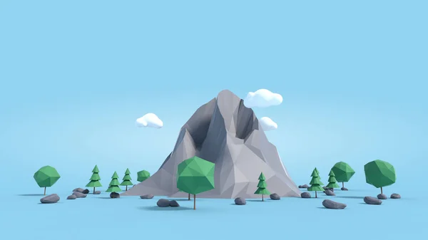 Low poly land scene with popup trees and rocks. — Stock Photo, Image