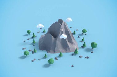 Popup ağaçları ve kayaları ile düşük poli arazi sahne.