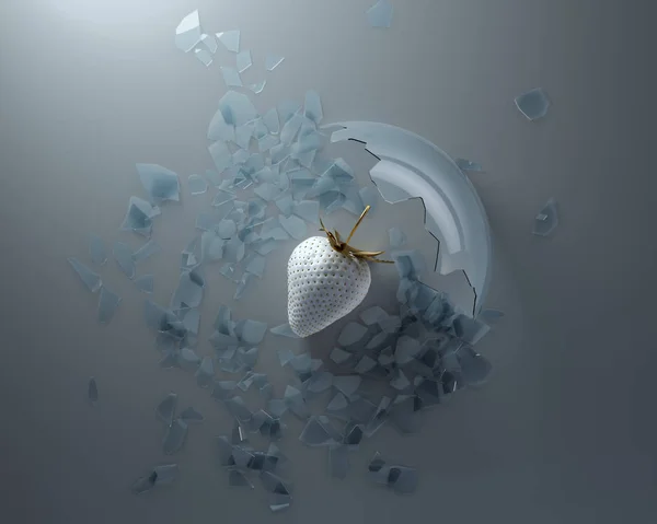 Morango branco sob tampa de vidro quebrado. Vista superior — Fotografia de Stock