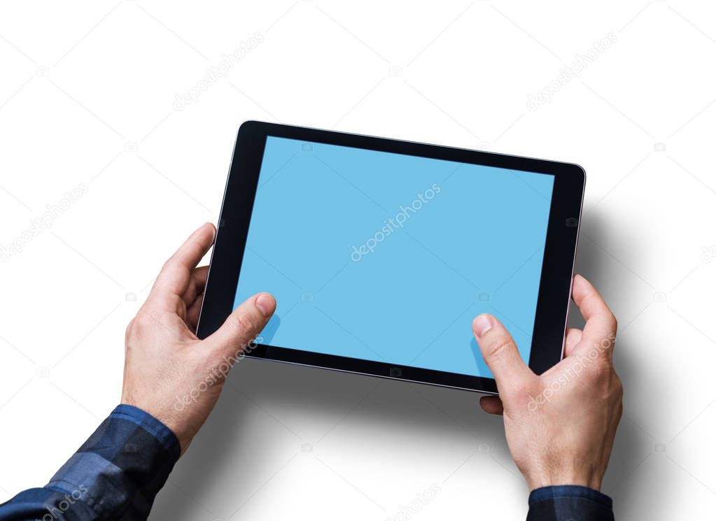 Man working with a digital tablet PC. Closeup