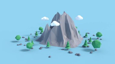 Popup ağaçları ve kayaları ile düşük poli arazi sahne.